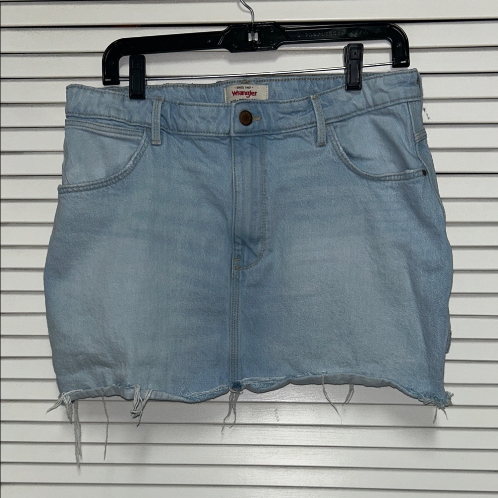 Wrangler Light Blue Denim Mini Skirt with Frayed Hem